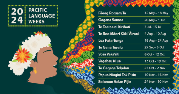 2024 pacific language weeks poster that lists the dates for each week.