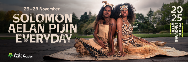Two people in traditional dress sitting on a woven mat outside, with the words 23-29 November Solomon Aelan Pijin to the left of them. Features the 2025 Pacific Language Weeks series and Ministry for Pacific Peoples logos. 
