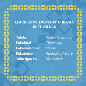 A light blue tile with a patterned yellow border and the title Learn some everyday phrases in Tuvaluan. 5 everyday phrases are listed in Tuvaluan and English. 