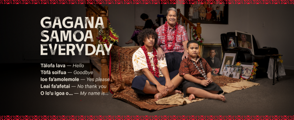 A graphic background for Samoa Language Week, with a photo of three Samoan men of different age groups, overlaid with text translating Samoan phrases to English