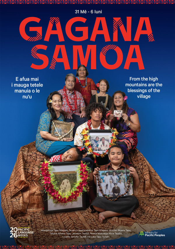 A poster for Samoa Language Week 2026, showing a Samoan family in traditional attire, holding portraits of their ancestors