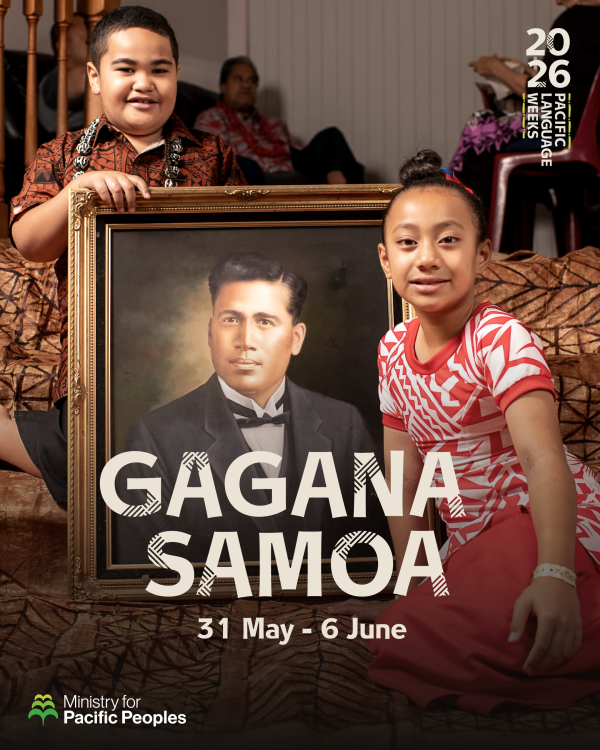 A social media graphic for Samoa Language Week, showing two Samoan children around a portrait of one of their ancestors