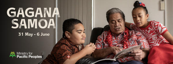 A graphic for Samoa Language Week 2026, showing a Samoan family group, with an older man reading a book to two young children