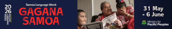 A social media graphic for Samoa Language Week, showing a family group reading a storybook together