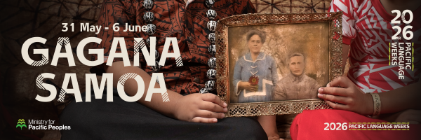 A graphic for Samoa Language Week, showing Samoan children presenting a portrait of their ancestors